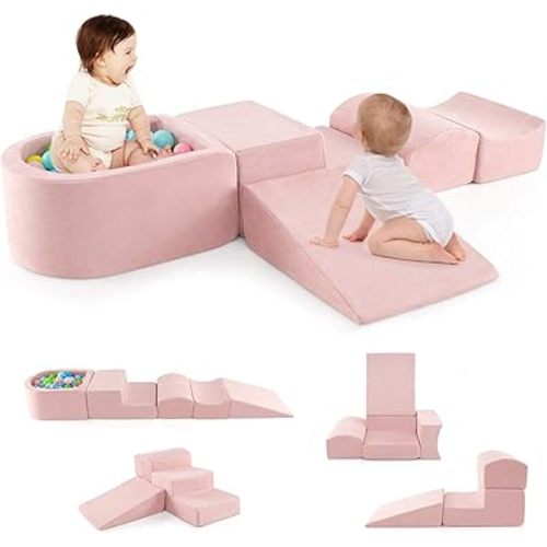BABY JOY 5-Piece Climb and Crawl Playset with Ball Pit, Soft Climbing Blocks for Kids, Machine-Washable Covers with Zippers, Creative Building Blocks for Playroom, Kid’s Bedroom, Nursery (Pink)