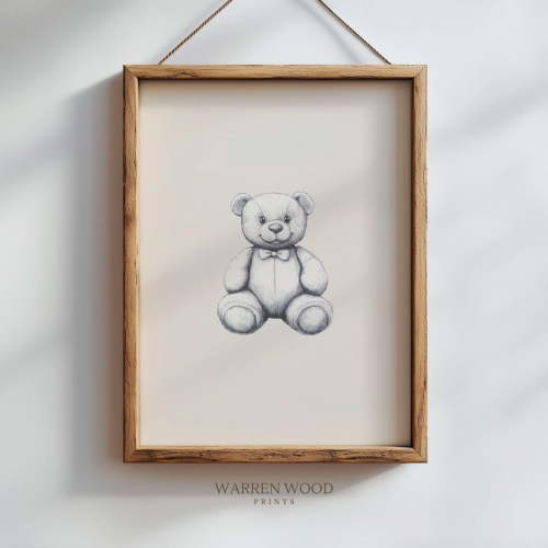 Vintage Teddy Bear Nursery Print, Neutral Line Sketch Wall Art, Beige Baby Room Decor, Rustic Bear Illustration, Teddy Themed Nursery Art Home Decor #1694, Stretched Canvas Size 8x12