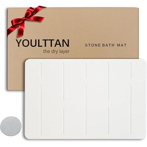 Stone Bath Mat 24"x16" - Diatomaceous Earth Shower Mat, Quick Dry, Anti-Slip, Modern Design with Bonus Non-Slip Pad - Perfect for Home Safety and Style,White,Straight