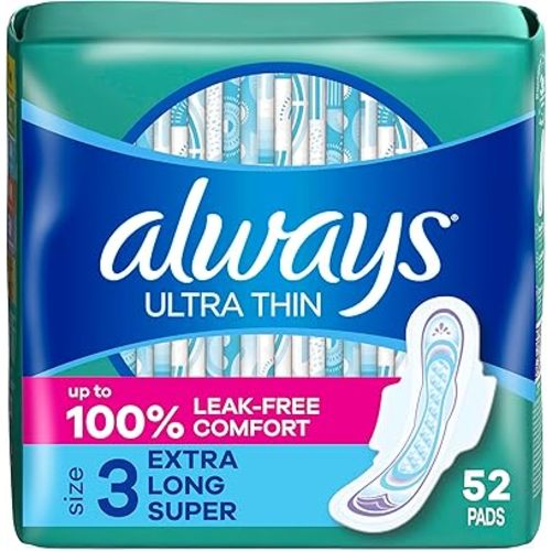 Always Ultra Thin Feminine Pads with Wings for Women, Size 3, Extra Long Super Absorbency, Unscented, Up to 100% Leak-Free Protection, 52 Count