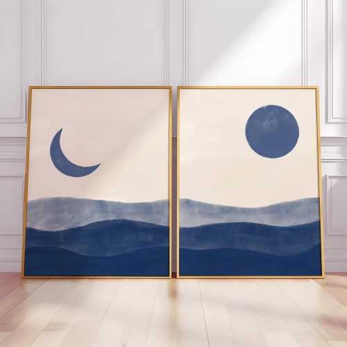 Blue Boho Sun and Moon Art Prints: Celestial Navy Watercolor Set, Moonphase Decor