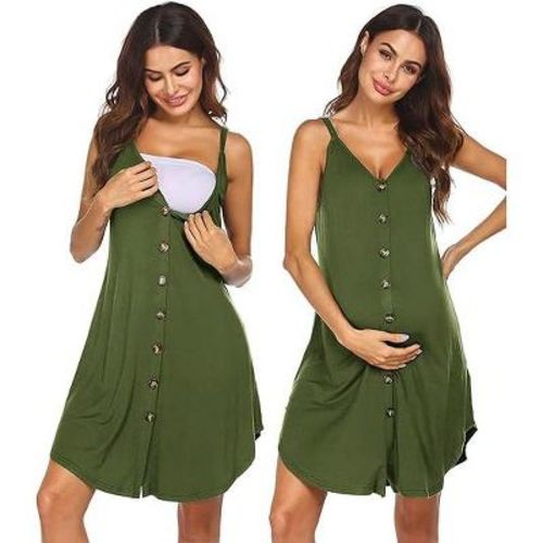 Ekouaer Women 3 in 1 Labor and Delivery/Maternity/Nursing Nightgown Button Down Sleeveless Pregnancy Dress for Breastfeeding Army Green L