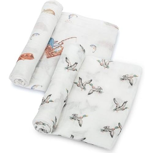 LollyBanks Muslin Swaddle Blankets 2PACK, 100% Cotton Baby Blanket 47 x 47 Inches, Large Baby Swaddle Breathable, Muslin Blankets for Boys and Girls (Mallard Duck and Fishing Print)