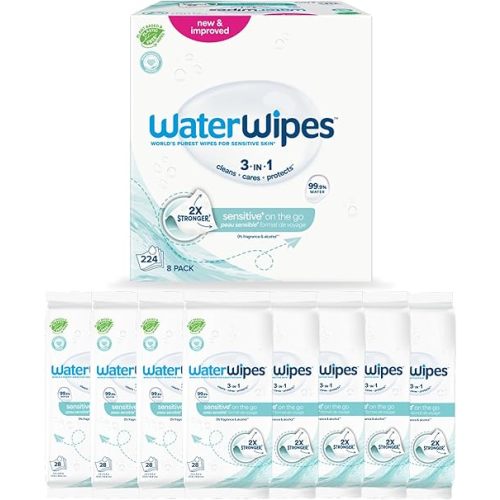 WaterWipes Sensitive+ On The Go Wipes, 3-In-1 Cleans, Cares, Protects, 99.9% Water, Unscented & Hypoallergenic Wet Wipes, 224 Count (8 Packs)