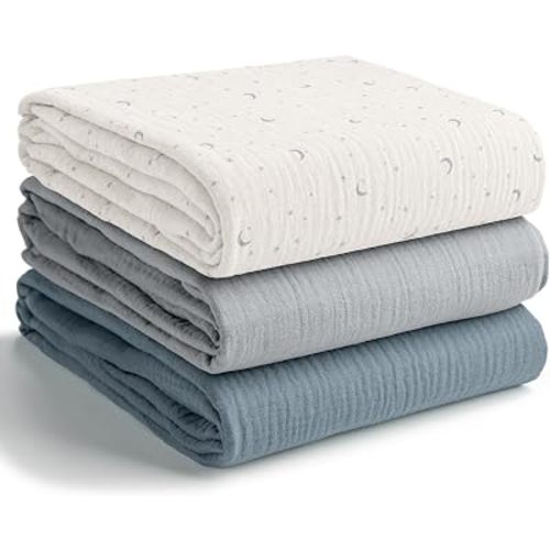 Comfy Cubs Muslin Swaddle Blankets Pack of 3 - Star Pattern, Pacific Blue, Heather