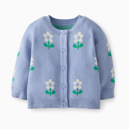 Hanna Andersson Novelty Cardigan - Ecru Flowers On Blue, 0-3 M