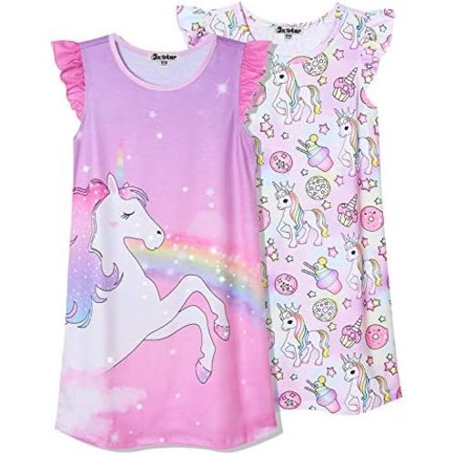 Jxstar 2-Pack Nightgown for Girls Flutter Sleeve Pajamas Cotton Sleepwear Night Dresses