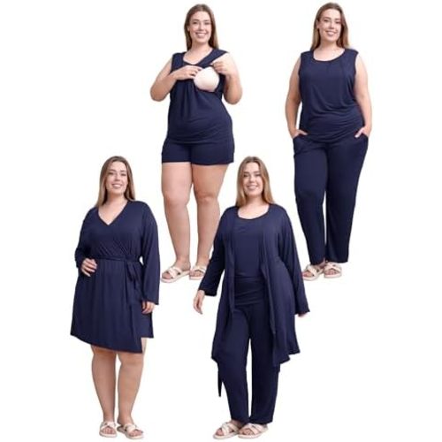 Rnxrbb 4 PCS Hospital&Home Nursing Pajamas Robe Set for Postpartum Pajama Maternity Breastfeeding Pj Birth Lounge Clothes