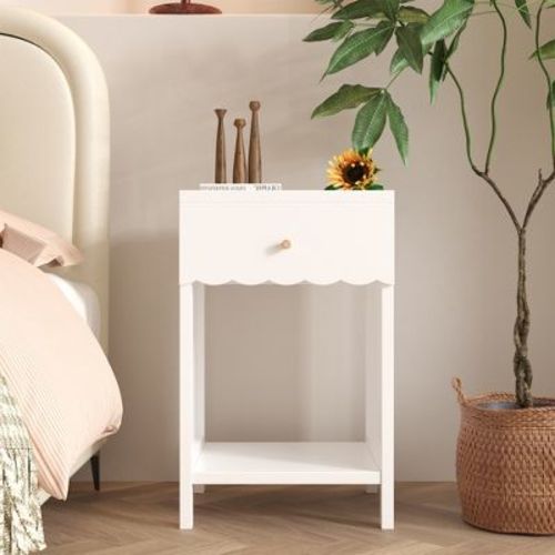 Modern White Nightstand with Drawer and Open Shelf,Scalloped Edge Bedside Table for Bedroom, Cute Minimalist Side Table for Kids Room or Girls' Room