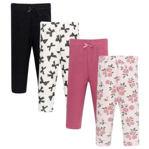 Hudson Baby Infant Girl Cotton Pants and Leggings 4-Pack, Blush Rose Black Bow, 0-3 Months