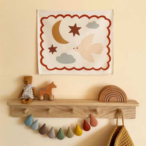 Night Sky Wall Hanging, Organic Cotton Kids Banner, Celestial Nursery Decor, Moon and Stars Wall Art, Playroom Decor