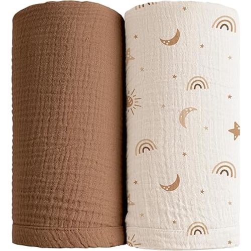 Konssy Muslin Swaddle Blankets for Girls Boys, 2 Pack Receiving Baby Blanket Large 47 x 47 inches, Soft Breathable Swaddling Wrap for Unisex Newborn (Sunbeam Yellow,Coffice)