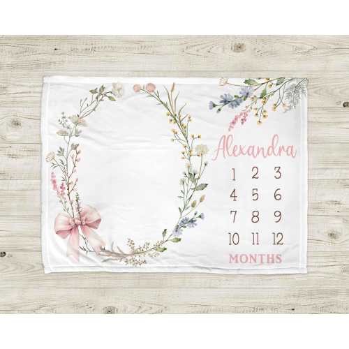 Flowers milestone blanket, baby girl personalized wildflower gift, monthly tracker, floral name baby blanket