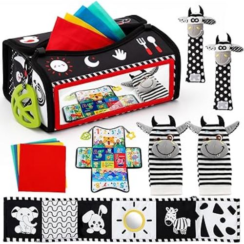 TOY Life High Contrast Baby Toys 0-6 Months - Black & White Newborn Tummy Time Sensory Toys Set with Soft Montessori Visual Stimulation Infant Book, Boy Girl Shower Gift, Easter Basket Stuffers