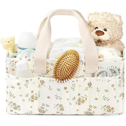 Floral Bbay Diaper Caddy Organizer with Handle, Stylish Nursery Basket and Card Storage, Newborn Essentials, Gift for Baby Shower, Floral Beige