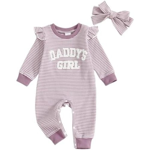 Newborn Baby Girls Romper Outfits Daddy's Girl Embroidery Striped Ruffle Jumpsuit Bodysuit Fall Winter Clothes 0-3