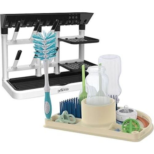 Dr. Brown's Drying Tower, Stand-Up Drying Rack with 2-in-1 Dry & Prep Silicone Mat, Silicone Baby Bottle Drying Mat with Removable Pegs for Baby Essentials, Built-in Bottle Prep, BPA-Free
