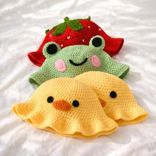 Crochet Strawberry/Frog/Duck Bucket Hat Handmade, Whimsical Animal Crochet Gift for Kids Teens and Adults Summer Cozy Style