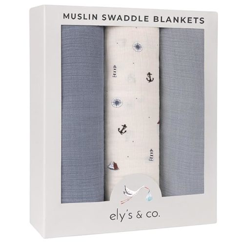 Ely's & Co. Muslin Swaddle Blankets 3-Pack for Baby Boy, 100% Cotton Muslin Extra Large Swaddle Receiving Blankets, 47”x47” (Blue-Ivory Nautical)