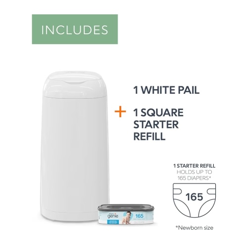 Diaper Genie Classic Pail Includes 1 Starter Square Refill That can Hold up to 165 Newborn-Sized Diapers.