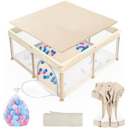 Foldable Baby Playpen for Babies and Toddlers, 50x50 Inch Portable Play Yard, Collapsible Play Pen with Mat, Visible Mesh, 50 Ocean Balls, Indoor/Outdoor Baby Fence Activity Center for Home