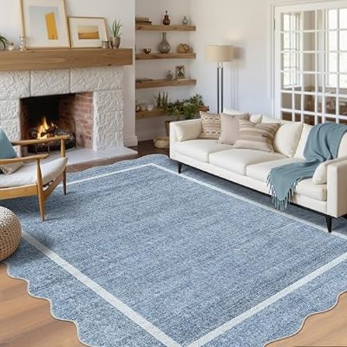 GarveeHome Scalloped Large Living Room Area Rug 8x10 - Machine Washable Modern Rugs Bordered Neutral Rug Non-Shedding Low Pile Farmhouse Carpet for Bedroom Nursery Classroom Dorm 8 ft x10 ft Blue