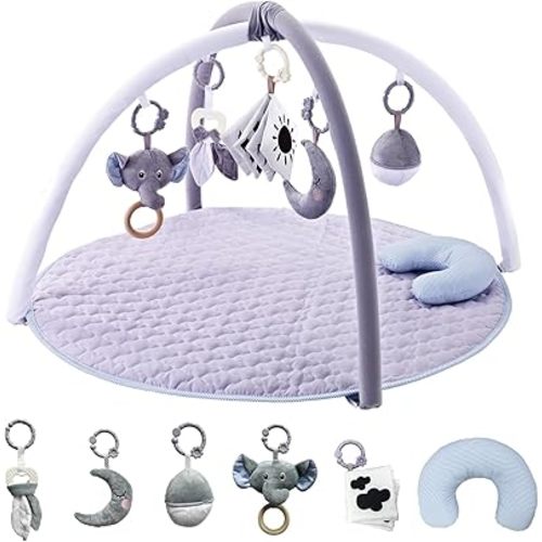 Baby Play Gym Mat,Tummy Time Mat& Activity Mat with 6 Toys for Promote Motor Skills Development & Sensory Play Mat,Thicker Non-Slip Mats,Baby Activity Mat Easy to Install & Clean,Baby Essentials Gifts