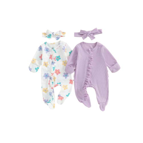 Suealasg 2-Pack Baby Girl Footed Jumpsuit 3 6 Months Newborn Girls Crew Neck Long Sleeve Frills Solid/Flower Zip Up Full Length Jumpsuit