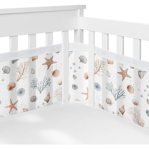 Sweet Jojo Designs + BreathableBaby 2-Piece Breathable Mesh Crib Liner Set (Ocean Seashells) for Boys/Girls, Baby, Infants/Newborn Nursery (Nautical, Beach Theme, Watercolor, Starfish, Coastal, Sea)