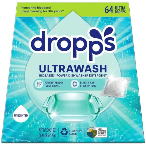 Dropps UltraWash Dishwasher Pods, Unscented (64 Count) - Biobased Power Deep Clean Dishwasher Detergent Tablets for Sparkling Shiny Dishes - No Rinse Aid or Pre-Wash Needed - Dishwashing Pods