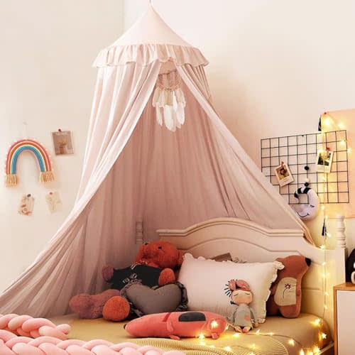 Kertnic Decor Princess Canopy for Girls Bed, Soft Smooth Playing Tent Canopy Room Decoration Castle, Dreamy Mosquito Net Bedding, Reading Nook Canopies in Home (Pink-Ruffle)