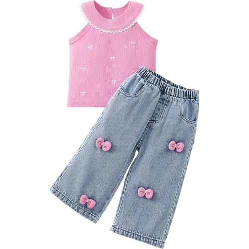 Toddler Baby Girl 2 Piece Outfits Pink Ruffle Sleeve Bow Top & Bow Print Denim Jeans Set Cute Casual Summer Clothes