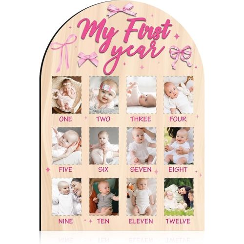 My First Year Photo Board - Pink Bow Wooden Picture Frame, 12 Month Baby Girl Milestone Wood Photo Display Board, Coquete One Year Old Birthday Decorations, 1st Birthday Keepsake Gift