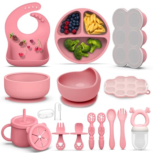 16 Pack Silicone Baby Feeding Set, BPA-Free Baby LED Weaning Supplies, Include Suction Plates, Baby Bowls, Silicone Fork & Spoon, and More, First Stage Baby Food Eating Utensils - 6+ Months(Pink, 16)