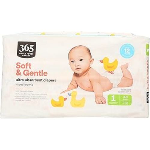 365 by Whole Foods Market, Soft & Gentle Size 1 Diapers with Wetness Indicator, Ultra-Absorbent, Hypo-Allergenic, Ultra-Absorbent, 40 Count