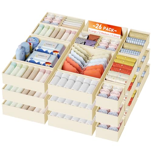 DIMJ Drawer Organizer Clothes 26 Pack - Foldable Baby Organizers and Storage & Closet Organizers for Bedroom, Closet - Nursery Organization Dresser Dividers for underwear, Sock,Bra, Belt, Tie, Beige