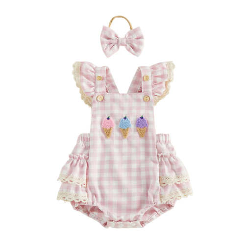 ICE CREAM Pink Checkered Romper - Hazel & Bo