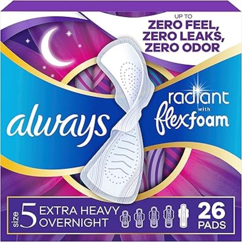 Always Radiant Feminine Pads for Women, Flexfoam Pads with Wings, Size 5, Extra Heavy Overnight Absorbency, Lightly Scented, 26 Count