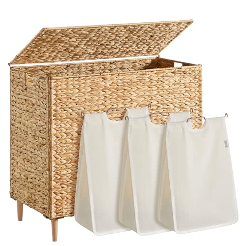SONGMICS Laundry Hamper 3 Sections, 47.5 Gal. (180 L) Handwoven Water Hyacinth Wicker Laundry Basket with Lid, Natural Material, Removable Machine Washable Liners, Handles, Natural ULCB203Y01