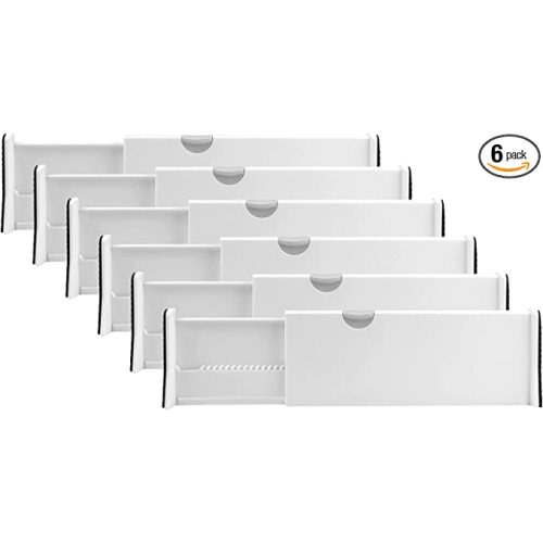 RAPTUROUS Adjustable Drawer Dividers 6 Pack, 4” High, 11-17” Long, Dresser Drawer Divider for Bedroom, Closet, Kitchen, Nursery Organization, Office, Strong & Sturdy Hold, Soft Foam Edges（White） - 6 Pack - White - 4" Tall, 11"- 17" Long