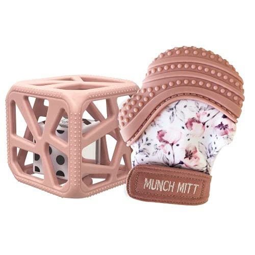 Malarkey Kids Munch Mitt and Chew Cube 2-Pack | Baby Teething Mitten Protects Hands from Chewing & Saliva, Heals Aching Gums, Promotes Sound & Visual Stimulation for Babies (Mauve and Spring Flower)