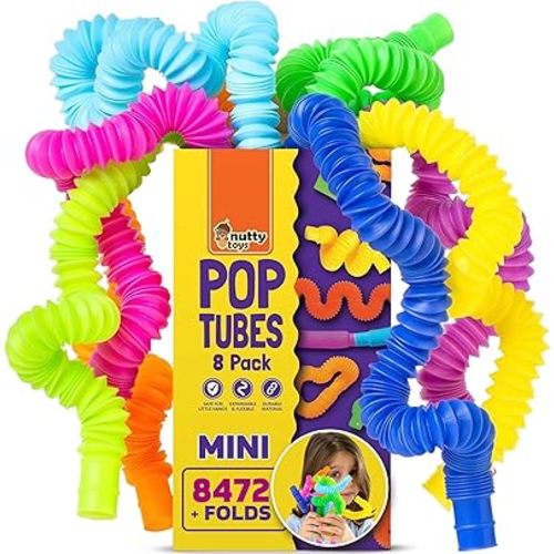 Nutty Toys Mini Pop Tubes - Sensory Toys - Endless Creativity & Fun for Kids and Toddlers |8 Pack Mini| Connect & Pop! Top ADHD Autism Fidget 2025, Unique Boy & Girl Christmas Stocking Stuffers Idea