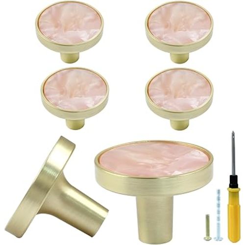 Bonsicoky 6 Pcs Gold Knobs for Dresser Drawers, Round Dresser Cabinet Knobs Pulls for Kitchen Cabinet Cupboard Door Furniture Decorative, Pink