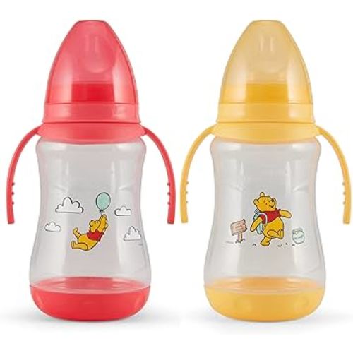 Disney 2 Pack 10 Ounce Baby Bottles with Character Prints and Colored Covers with Double Handle - BPA Free and Easy to Clean
