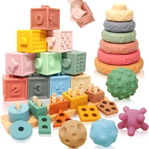 ARKH16 4 in 1 Montessori Toys for Toddlers 1 Year Old Soft Stacking Rings Building Blocks Sensory Balls Set Newborn Learning Toys for 3-6-9-12 Months Baby Toys 6 to 12 Months