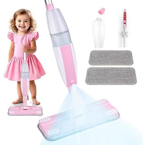 Kids Spray Mop,Fun & Functional Toddler Cleaning Set,Real Working Mop for Floors,Pretend Play – Includes Spray Bottle, 2 Washable Microfiber Pads, Montessori Kids Cleaning Toy Set -Pink