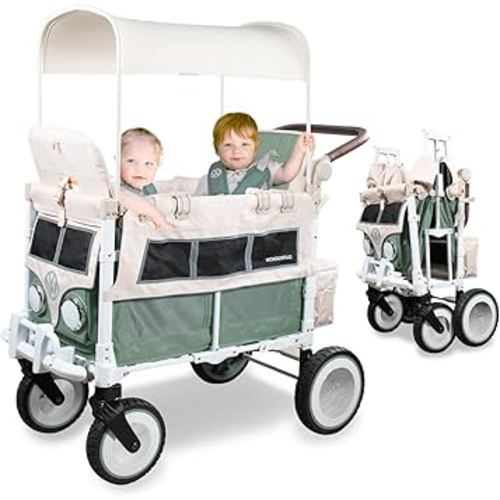 WONDERFOLD Volkswagen Double Stroller Wagon (2 Seater) - Foldable Wagon Stroller with Classic VW Bumper, Headlights, and Retro All-Terrain XL Wheels, Sage Green
