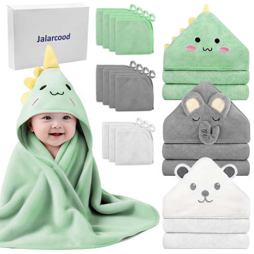 14 PCS Baby Towels, 3 PCS Soft Hooded Baby Towels & 11 PCS Washcloths, Baby Bath Towels for Newborns, Infants & Toddlers- Ultra Absorbent, Cute Baby Towel Gift for Boys