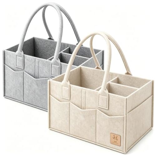 HIPHOP PANDA 2-Pack Diaper Caddy Organizer - Newborn Essentials Baby Registry Must Haves - Sturdy Nursery Storage Bin & Portable Car Caddy for Diapers & Wipes - Grey/Oatmeal Gift Set