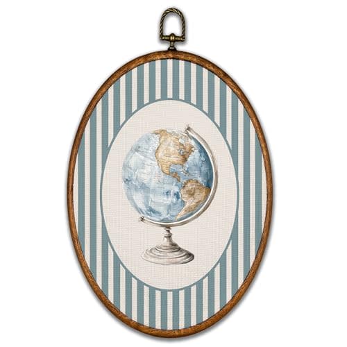 BCUANGD Vintage Globe Oval Wall Art Decor - Retro Striped Adventure Travel Nursery Wall Art Canvas Frame Artwork Prints, Travel Kids Boy Oval Wall Hanging Decorations for Home Bedroom, 8.6"x11.4"